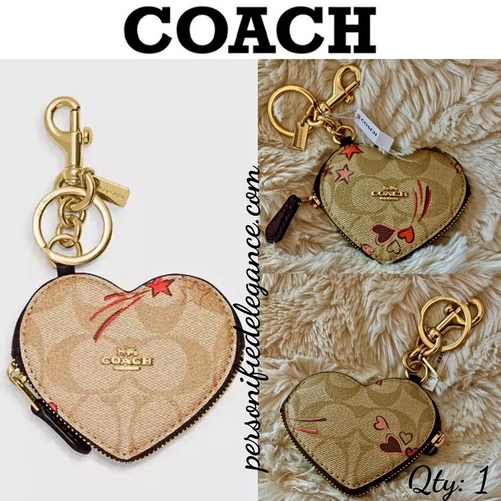 NEW Coach Light Khaki Heart Star Print Leather Heart Shaped Coin Pouch Bag Charm